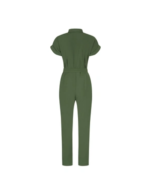 Khaki viscose jumpsuit with short sleeves and straight leg | Jumsuites | Dika.ge - 1 Khaki viscose jumpsuit with short sleeves and straight leg | Jumsuites - 1