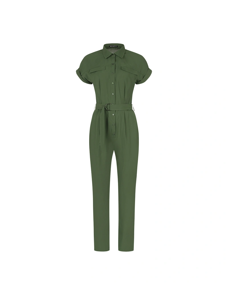 Salopeta kaki din vascoza, maneca scurta si picioare drepte | COLECTIE DE VARĂ