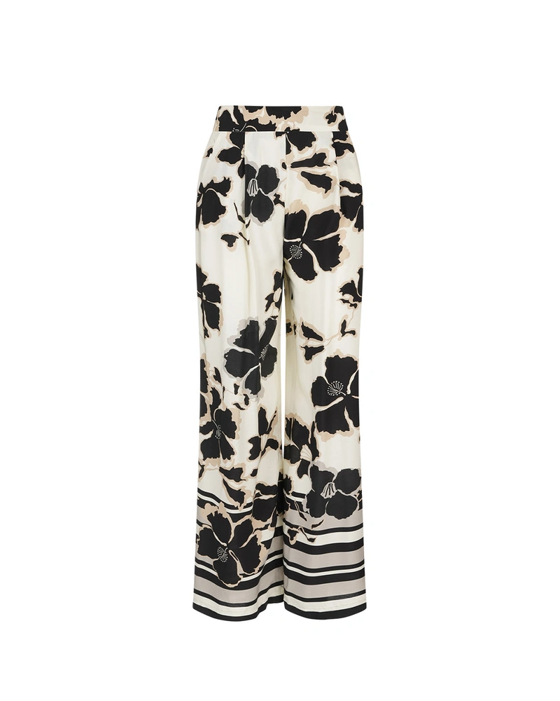 Straight trousers - pajama style, viscose with contrasting floral print | All products