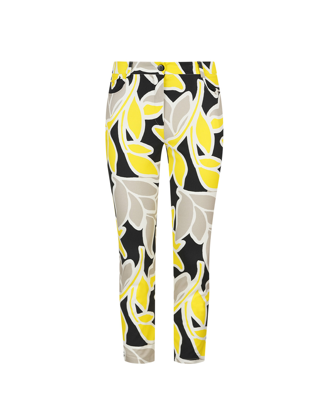 Pantaloni de vară din bumbac și viscoză, cu motiv cu frunze galben-gri | NOUTATI