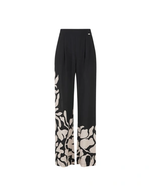Black relaxed trousers with stylized beige floral motif | Trousers and Leggings