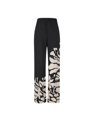 Black relaxed trousers with stylized beige floral motif | Trousers and Leggings - 1