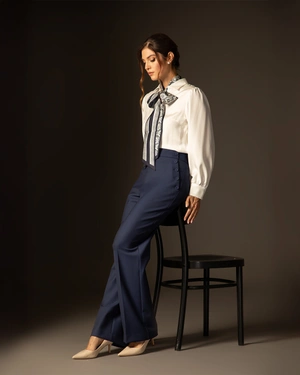 Dark blue high-waisted trousers with decorative side buttons | Trousers and Leggings - 4