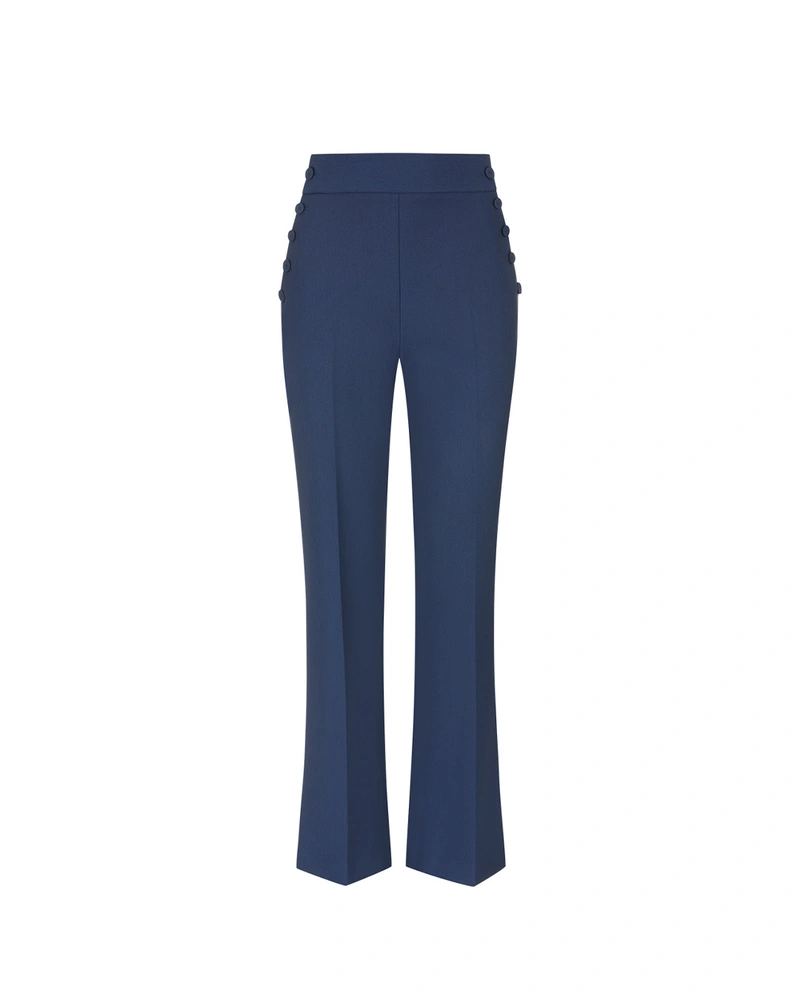 Dark blue high-waisted trousers with decorative side buttons | 
