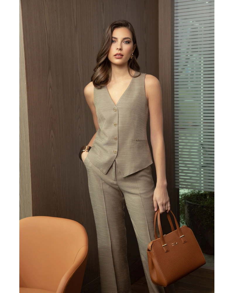 Business trousers in fine beige-brown houndstooth | Trousers and Leggings