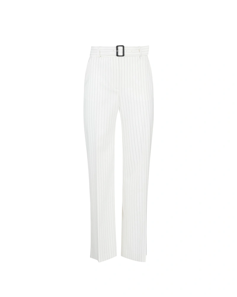 White fine-striped straight-leg trousers with a textile belt | Business