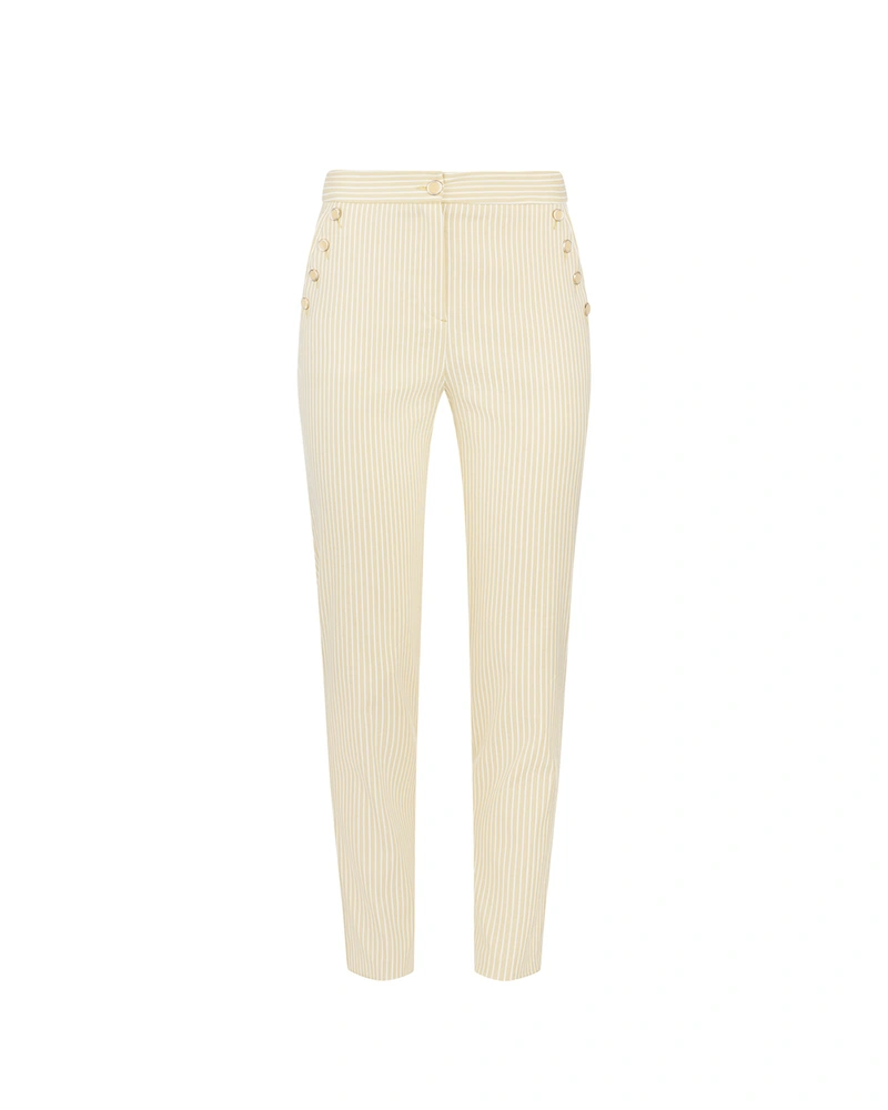 Tapered-leg trousers made of cotton and viscose in buttery yellow with fine pinstripes | Suits