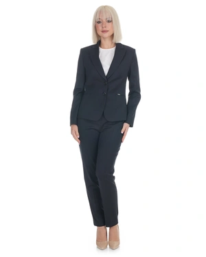 Elegant navy blue business trousers with a tapered leg and very fine stripes | Trousers and Leggings - 1