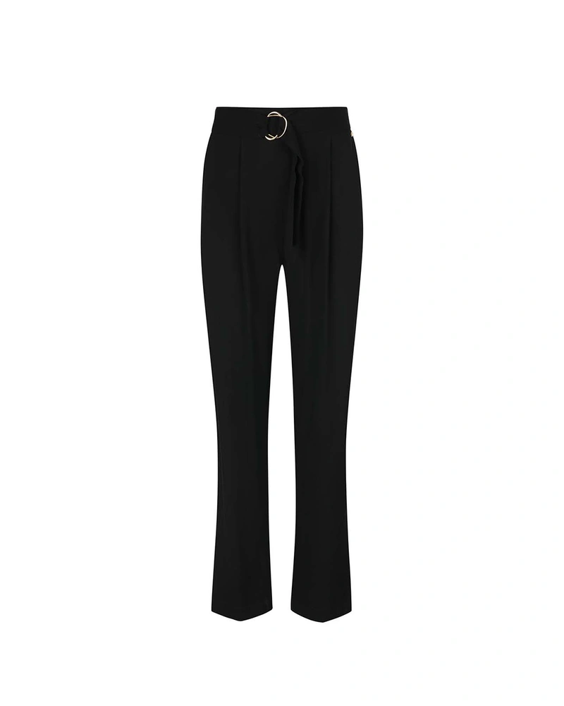 Straight black viscose pants, with a textile belt with buckle | Trousers and Leggings