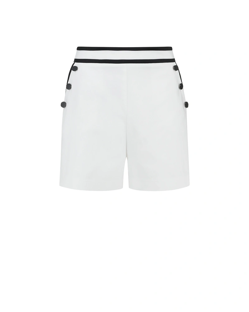 White high-waisted shorts with contrasting black details | Casual | Dikastore.ro White high-waisted shorts with contrasting black details | Casual