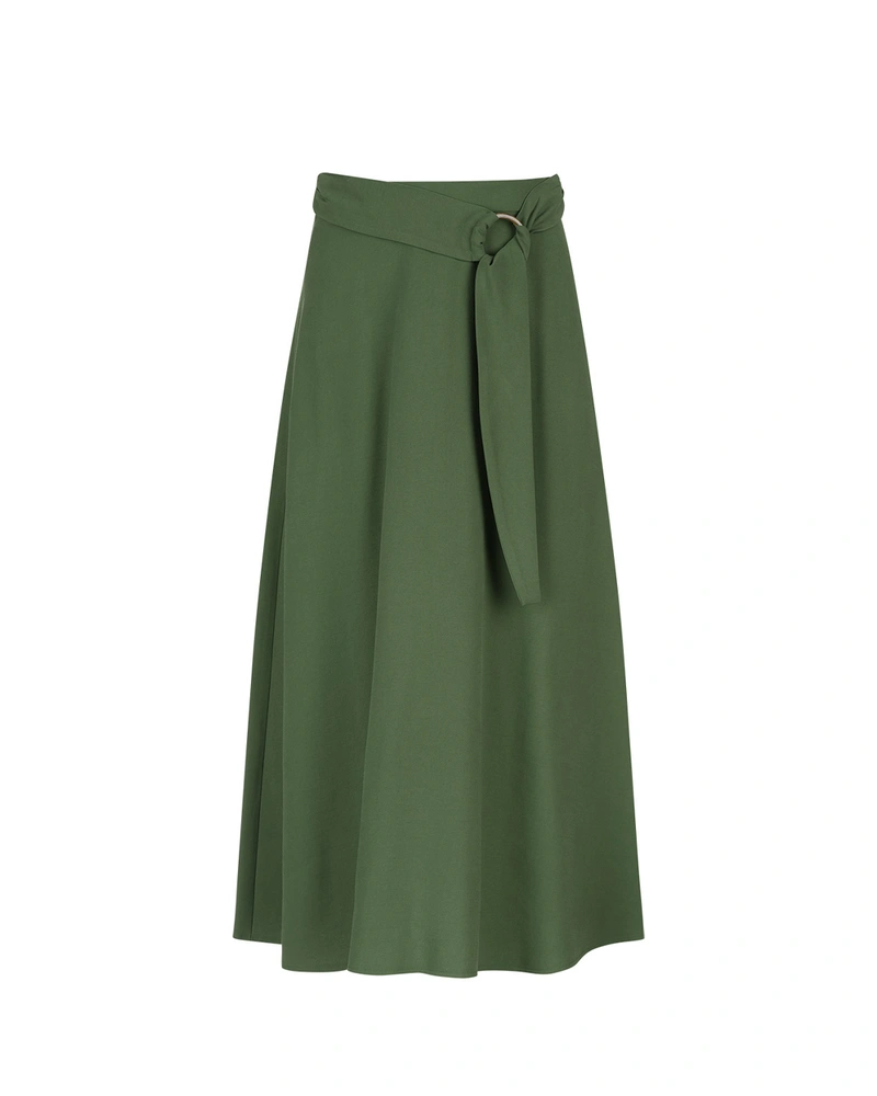 Long khaki viscose skirt with fabric belt | All products