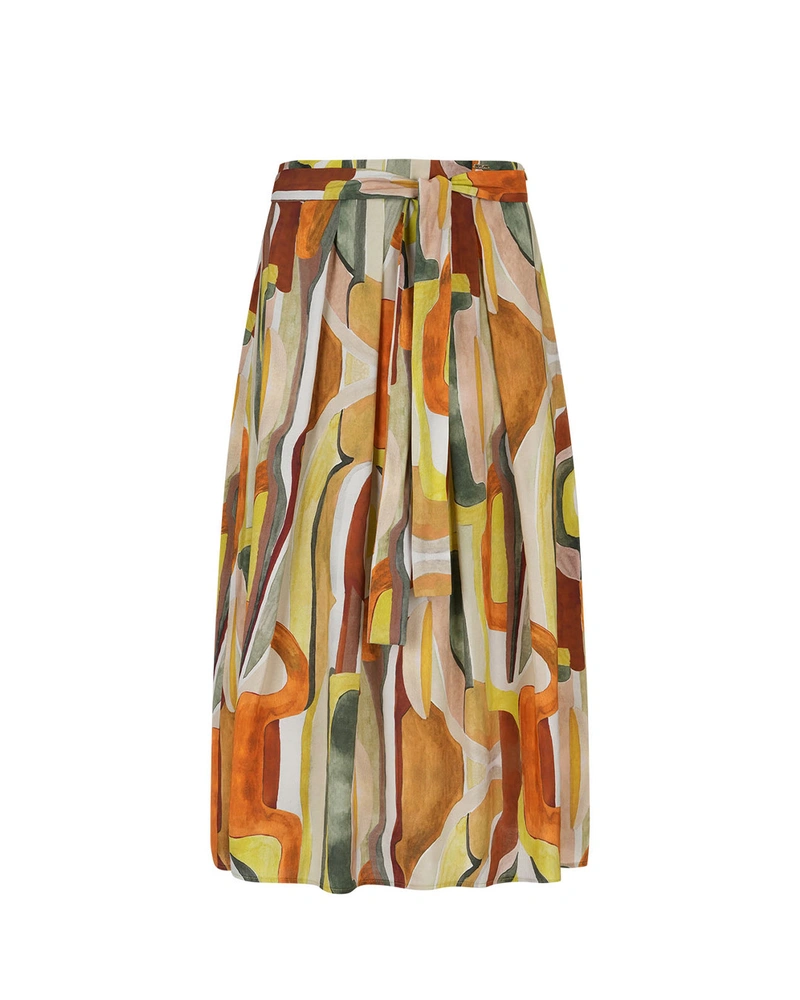 Long viscose skirt with green-brown abstract pattern | Skirts