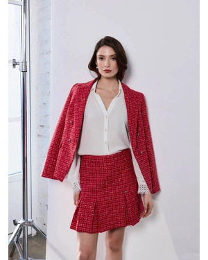 Red short pleated skirt in cotton tweed | Business - 1