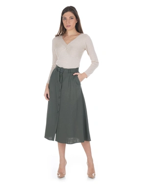 High-waisted button-up skirt in viscose and linen in olive green | NEW - 3