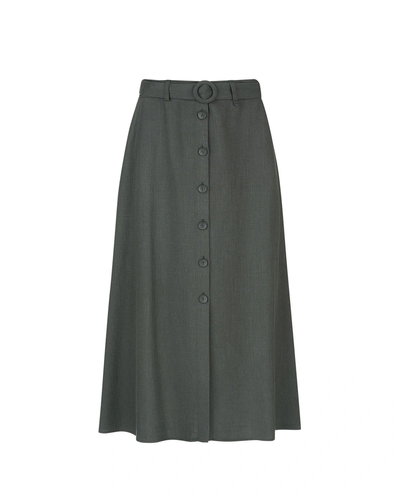 High-waisted button-up skirt in viscose and linen in olive green | NEW | Dikastore.ro High-waisted button-up skirt in viscose and linen in olive green | NEW