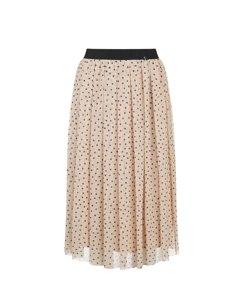 Spring midi skirt in powder beige with fine black polka dots | Skirts