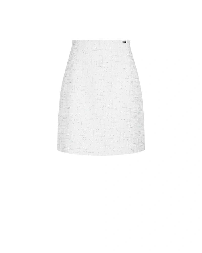 Elegant straight above-the-knee skirt in white cotton tweed with fine sequins | NEW