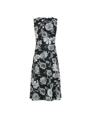 Summer black dress with white flowers, sleeveless, with a defined waist | Dresses - 1