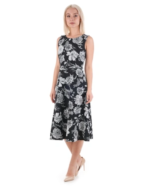 Summer black dress with white flowers, sleeveless, with a defined waist | Dresses - 3