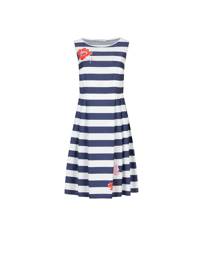 Rochie de vară fără mâneci din bumbac în dungi, cu detaliu floral | COLECTIE DE VARĂ