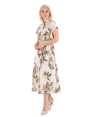 Long beige shirt dress with short sleeves and a floral pattern | Dresses | Dikastore.ro - 3 Long beige shirt dress with short sleeves and a floral pattern | Dresses - 3