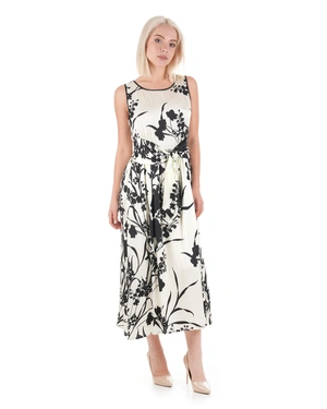 Дълга рокля без ръкави, в светлобежово с контрастен черен флорален принт | Рокли - 3