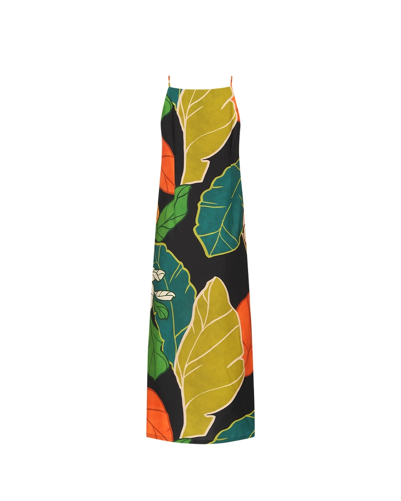 Long dress with straps, featuring a contrasting tropical print | SUMMER COLLECTION | Dikastore.ro Long dress with straps, featuring a contrasting tropical print | SUMMER COLLECTION