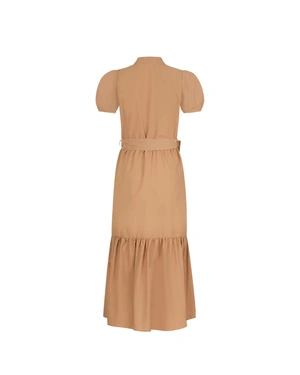 Rochie lungă din bumbac, bej închis, cu mâneci bufante scurte și volan în partea de jos | Rochii - 1