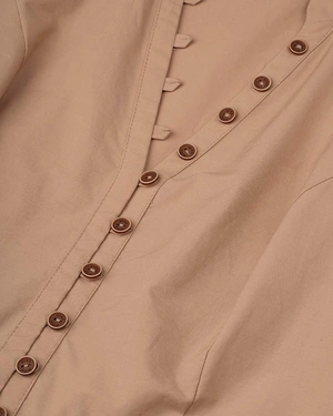 Rochie lungă din bumbac, bej închis, cu mâneci bufante scurte și volan în partea de jos | Rochii - 2