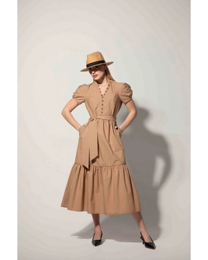Rochie lungă din bumbac, bej închis, cu mâneci bufante scurte și volan în partea de jos | Rochii - 3