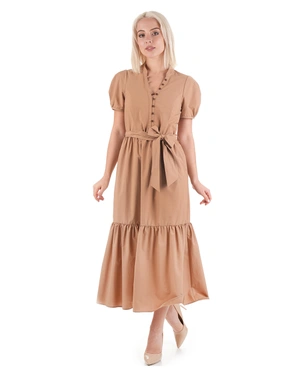 Rochie lungă din bumbac, bej închis, cu mâneci bufante scurte și volan în partea de jos | Rochii - 4