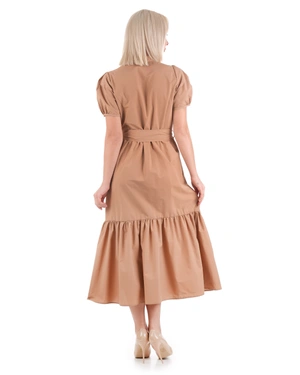 Rochie lungă din bumbac, bej închis, cu mâneci bufante scurte și volan în partea de jos | Rochii - 5