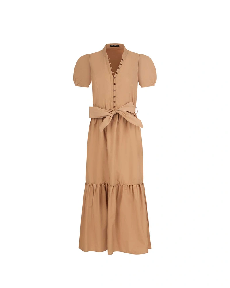 Rochie lungă din bumbac, bej închis, cu mâneci bufante scurte și volan în partea de jos | Rochii