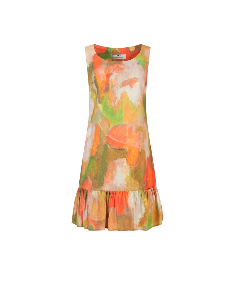 Sleeveless summer dress with a ruffle at the bottom and a vibrant, abstract print | Dresses | Dikastore.ro Sleeveless summer dress with a ruffle at the bottom and a vibrant, abstract print | Dresses
