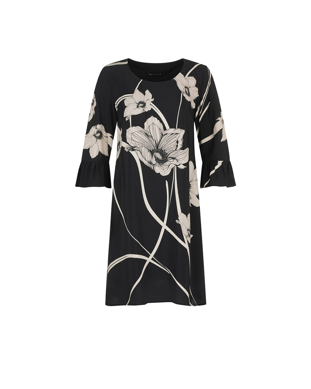 Spring dress, silk blend, with contrasting floral print and 7/8 sleeves with flared cuffs | Best sellers