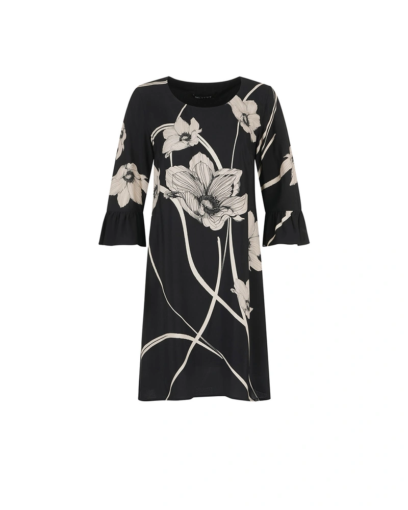 Rochie de primăvară din amestec de mătase, cu imprimeu floral contrastant și mâneci 7/8 | Rochii