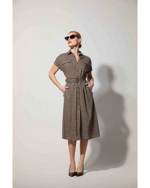 Checked beige-black shirt dress with short sleeves, mid-calf length | Dresses | Dika.bg - 3 Checked beige-black shirt dress with short sleeves, mid-calf length | Dresses - 3