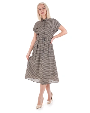 Checked beige-black shirt dress with short sleeves, mid-calf length | Dresses | Dika.bg - 5 Checked beige-black shirt dress with short sleeves, mid-calf length | Dresses - 5