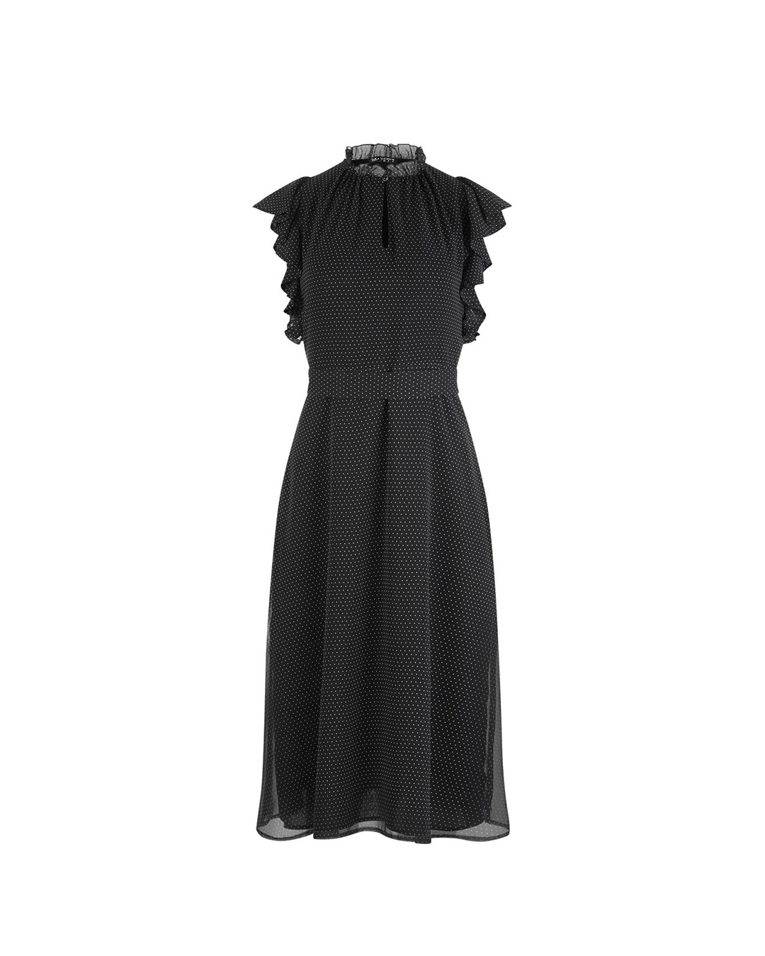 Mousseline airy black dress with delicate white polka dots, mid-calf length | Dresses