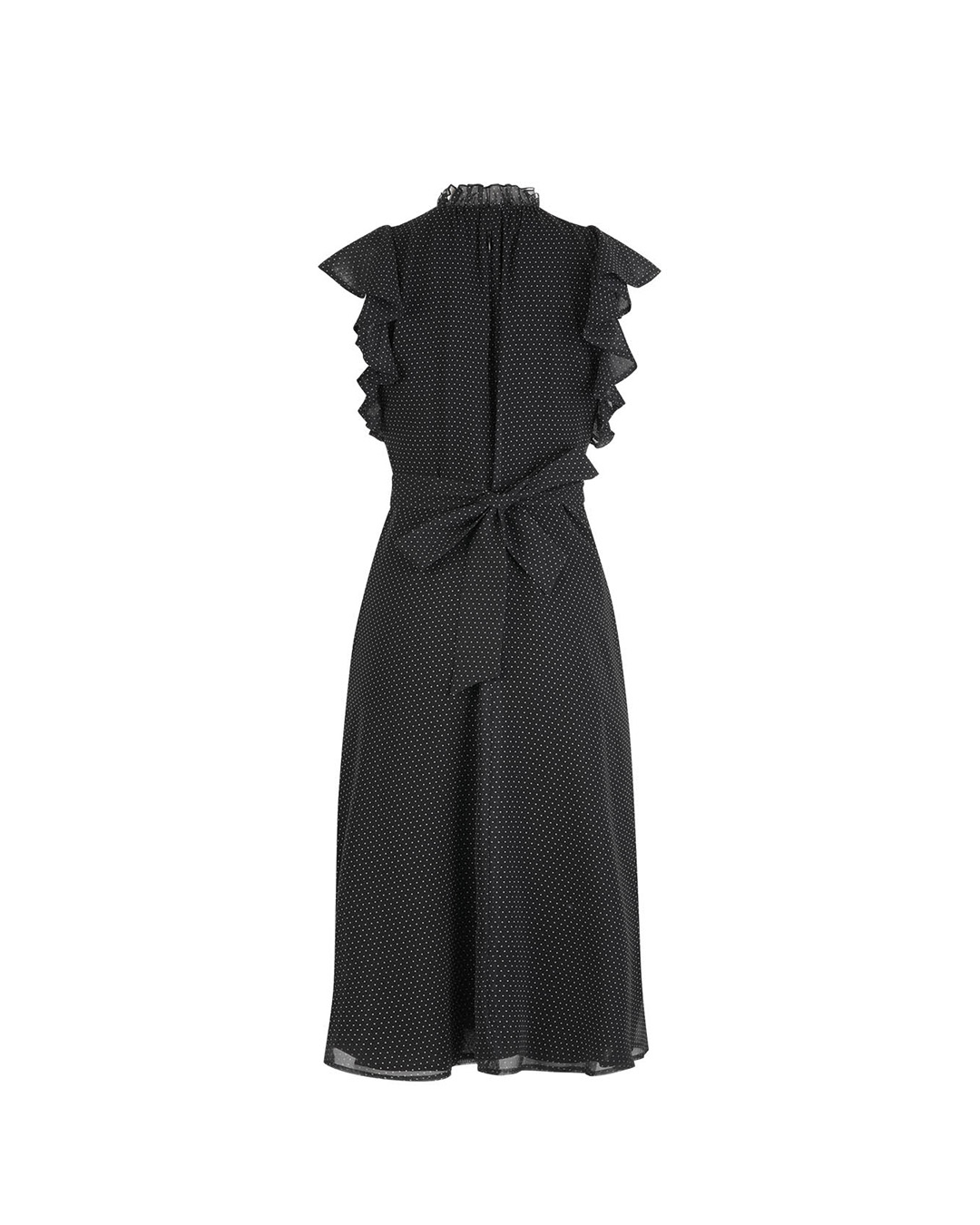 Mousseline airy black dress with delicate white polka dots, mid-calf length | Dresses - 1