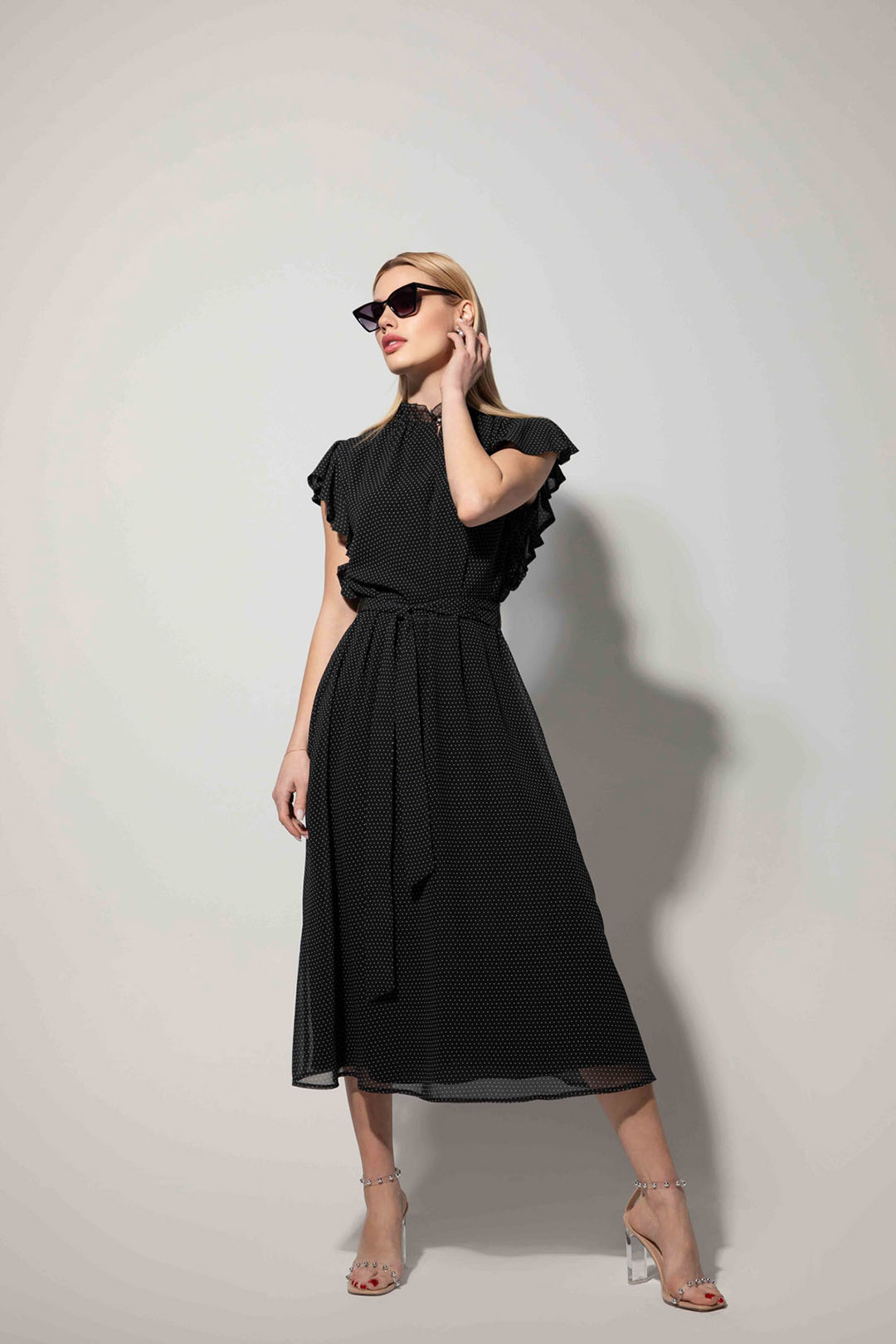 Mousseline airy black dress with delicate white polka dots, mid-calf length | Dresses - 2