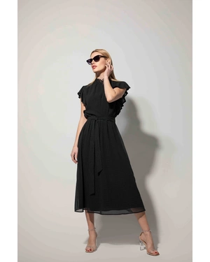 Mousseline airy black dress with delicate white polka dots, mid-calf length | Dresses - 2