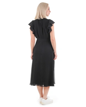 Mousseline airy black dress with delicate white polka dots, mid-calf length | Dresses - 4