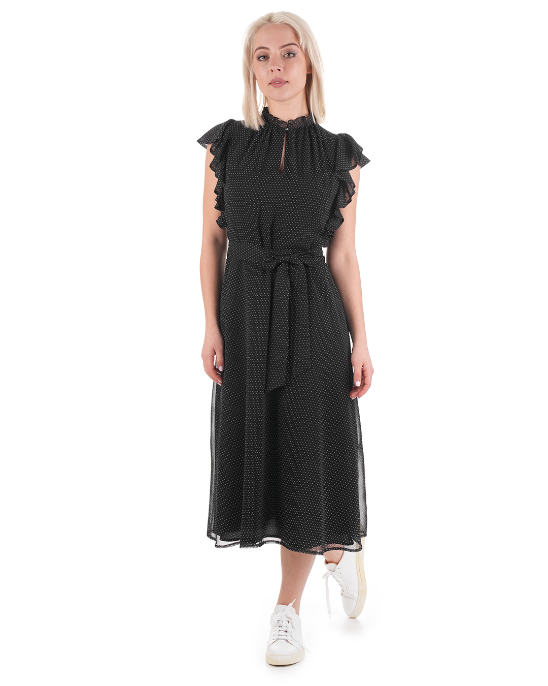 Mousseline airy black dress with delicate white polka dots, mid-calf length | Dresses - 3