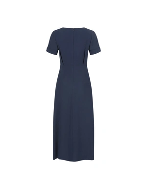 გრძელი მუქი ლურჯი ვისკოზის კაბა, მოკლე სახელოებით და ტექსტილის ქამრით. | კაბები - 1