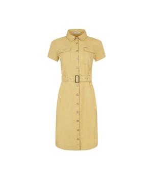 Cotton shirt dress with short sleeves, in ochre color | Dresses | Dikastore.ro Cotton shirt dress with short sleeves, in ochre color | Dresses