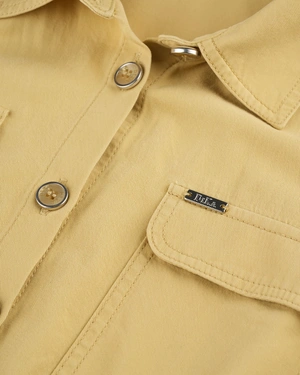 Cotton shirt dress with short sleeves, in ochre color | Dresses | Dikastore.ro - 2 Cotton shirt dress with short sleeves, in ochre color | Dresses - 2