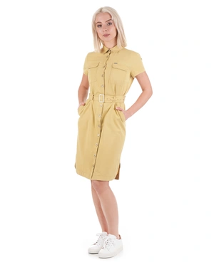 Cotton shirt dress with short sleeves, in ochre color | Dresses | Dikastore.ro - 3 Cotton shirt dress with short sleeves, in ochre color | Dresses - 3