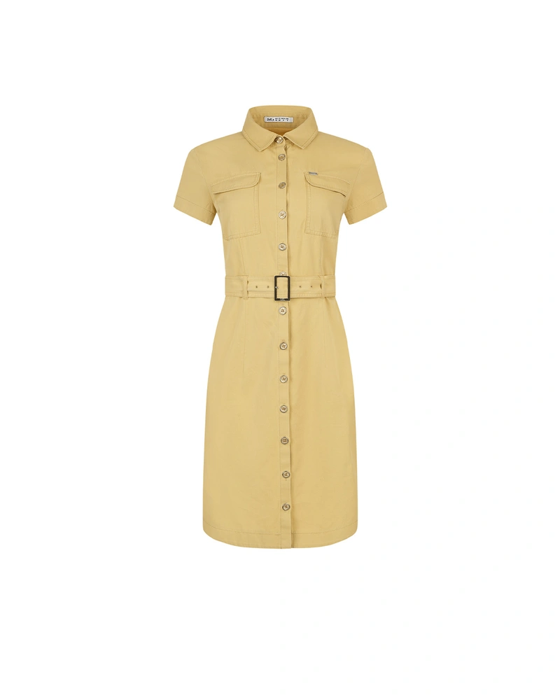 Rochie tip camasa din bumbac cu maneci scurte, de culoare ocru | Rochii | Dikastore.ro Rochie tip camasa din bumbac cu maneci scurte, de culoare ocru | Rochii