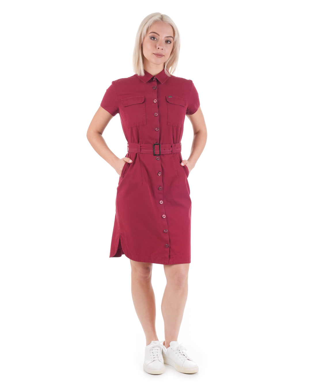 Cotton shirt dress with short sleeves, in burgundy color | Dresses - 3
